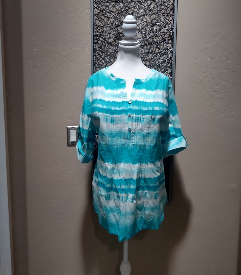J. Jill Teal and White Tie Dye Striped Tunic Henley Top with Convertible Sleeves